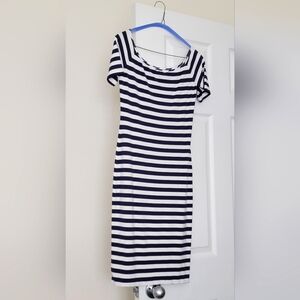 Bebe Modal Off The Shoulder Boatneck Midi Dress In Navy Stripe, Size XS